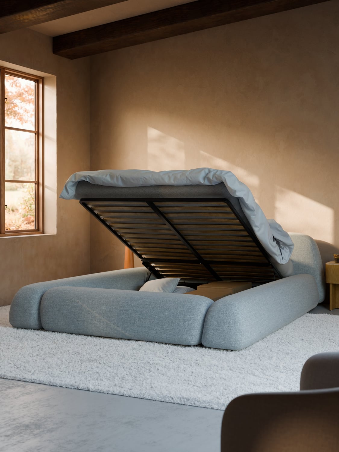 Wolke Bouclé Upholstered Bed with Storage — Light Grey