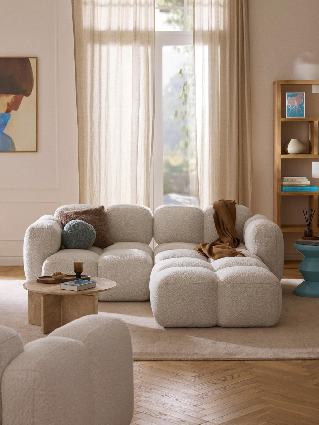 Tayla Modular Sofa (3-seater) in Bouclé with Ottoman (left/right) — Off-White