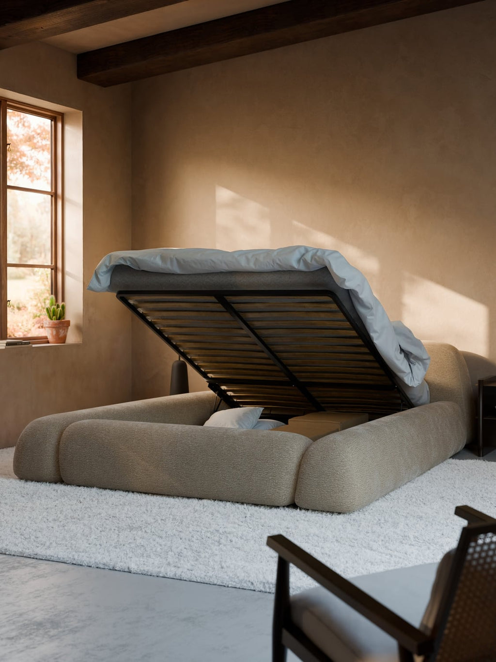Wolke Upholstered Bed with Storage — Oatmeal