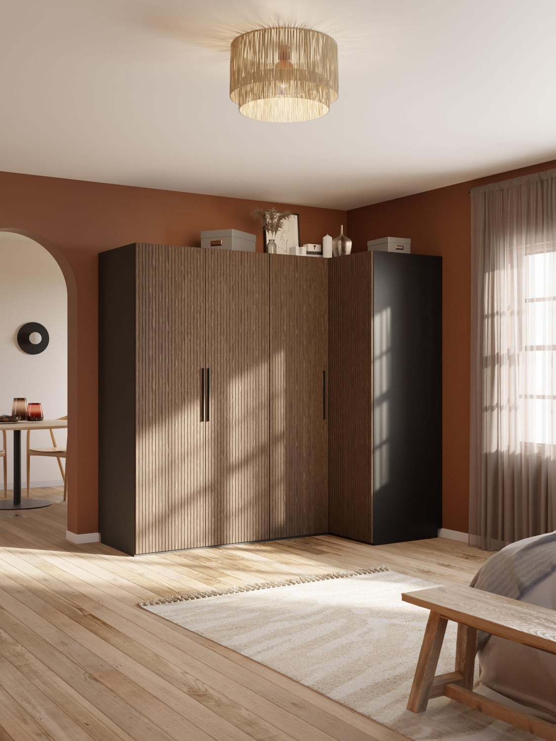 Simone Modular Corner Wardrobe, 215 cm Width, in various sizes — Cognac