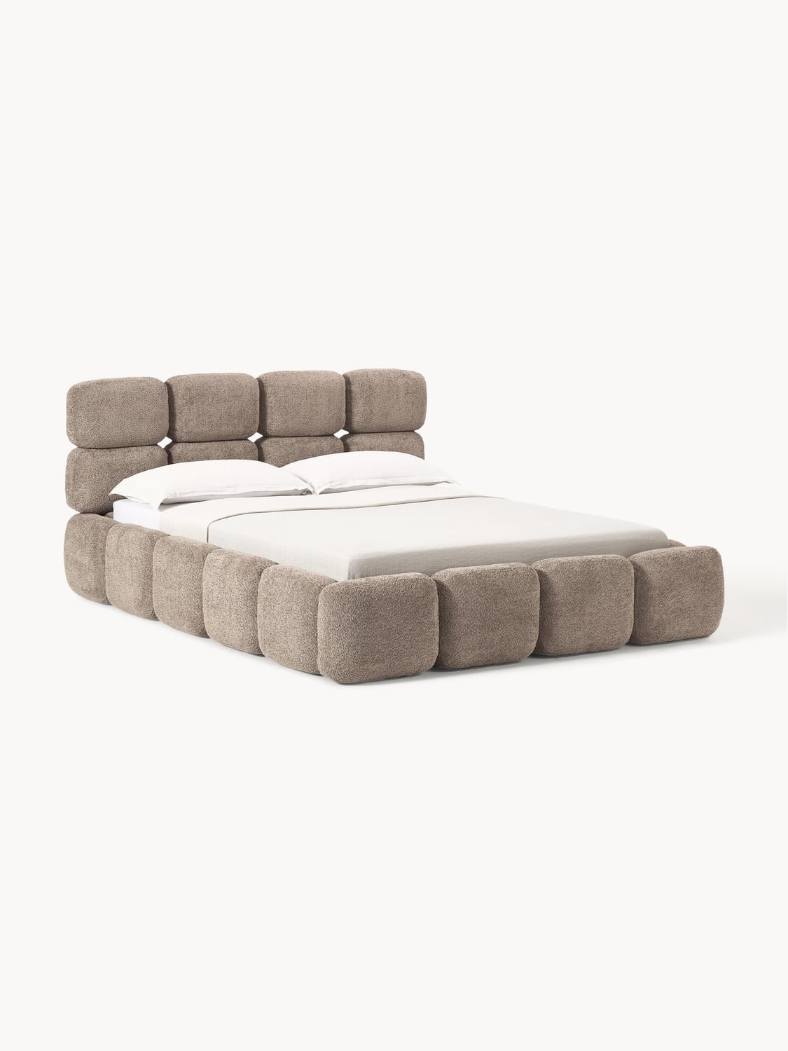 Tayla Upholstered Bed in Teddy Bouclé with Storage — Warm Grey