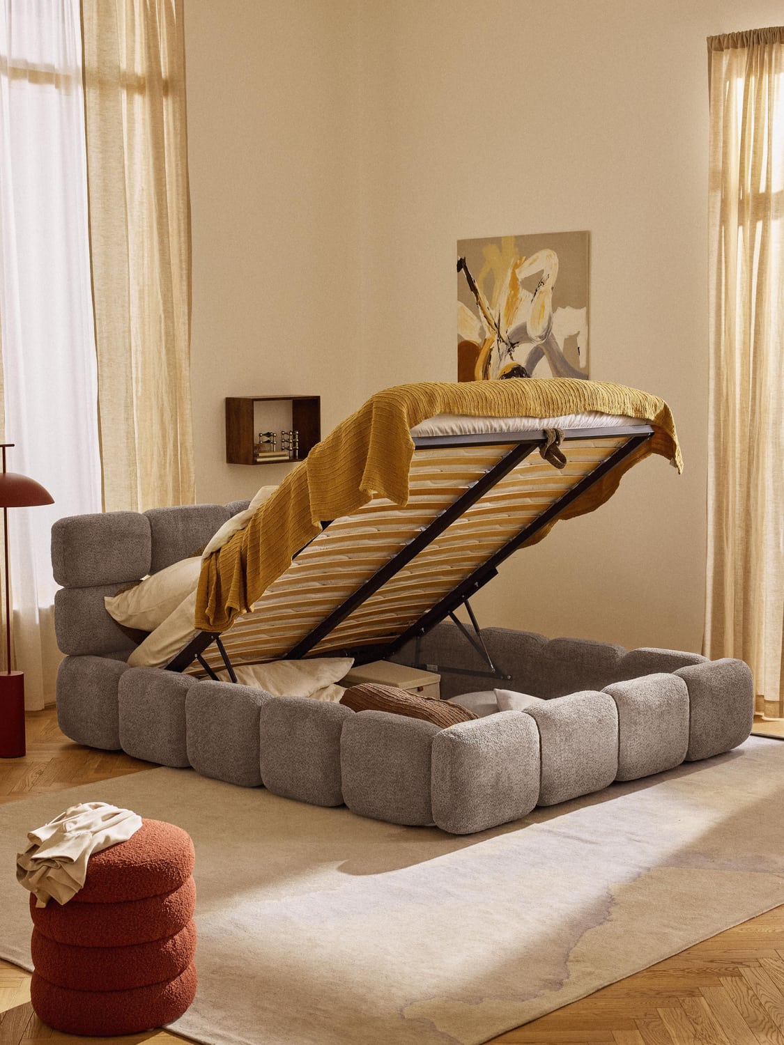 Tayla Upholstered Bed in Teddy Bouclé with Storage — Warm Grey