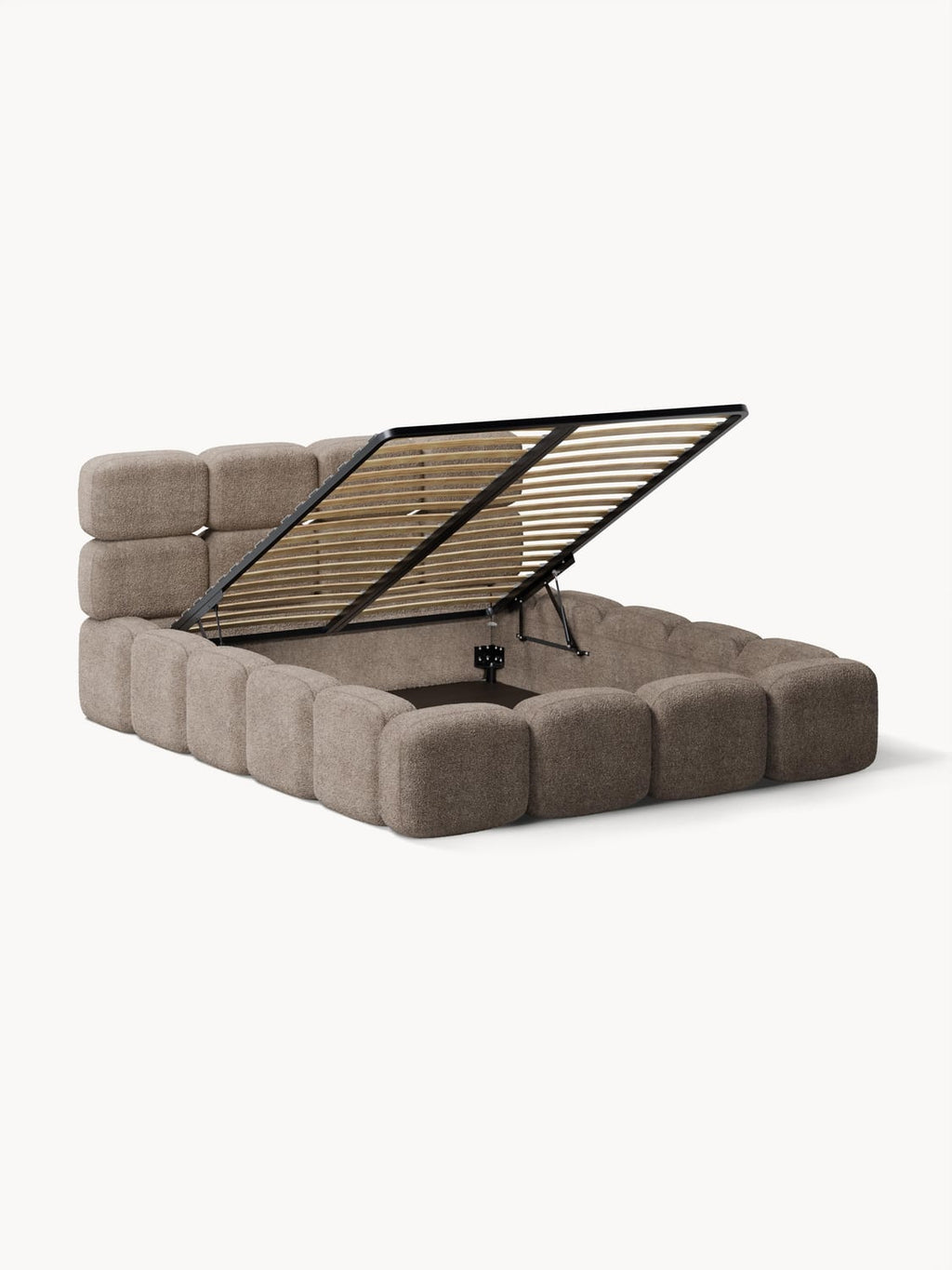 Tayla Upholstered Bed in Teddy Bouclé with Storage — Warm Grey