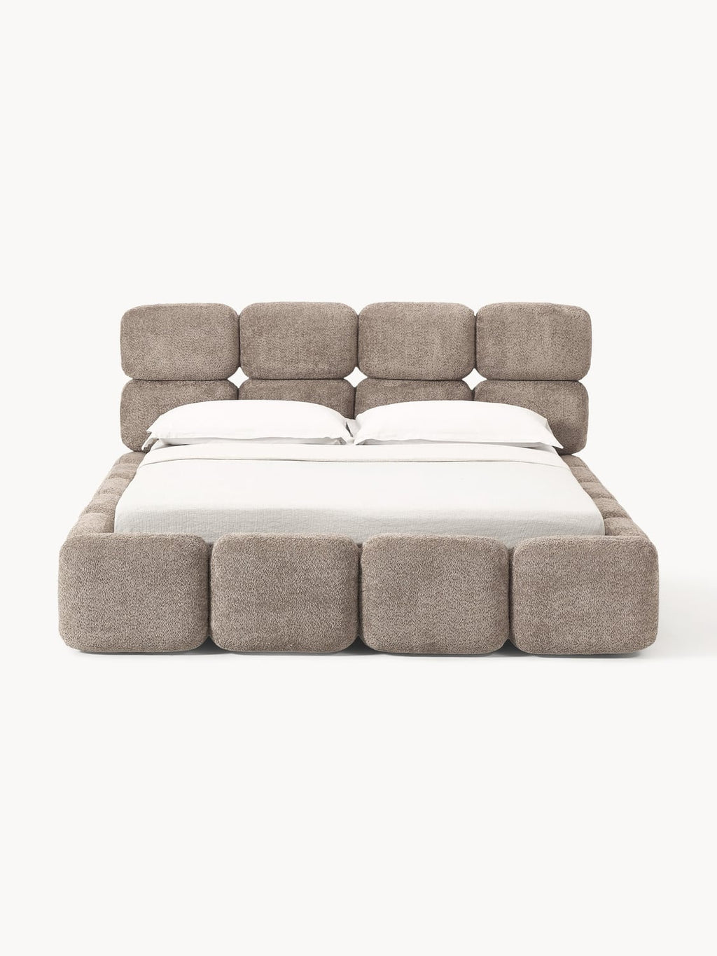Tayla Upholstered Bed in Teddy Bouclé with Storage — Warm Grey