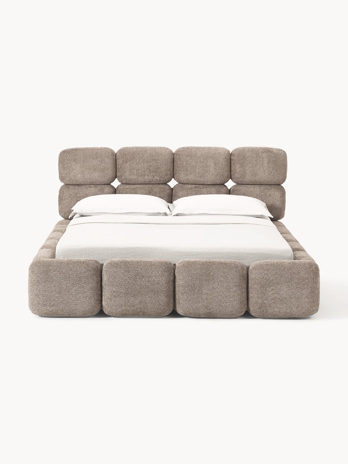 Tayla Upholstered Bed in Teddy Bouclé with Storage — Warm Grey