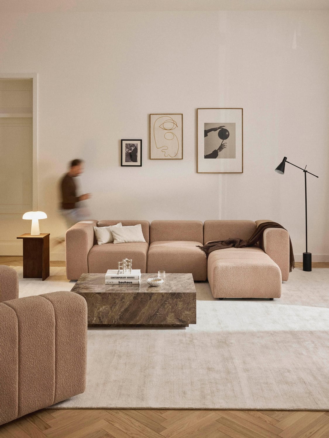 Lena Modular Bouclé Sofa (4-seater) with Ottoman (left/right) — Warm Grey