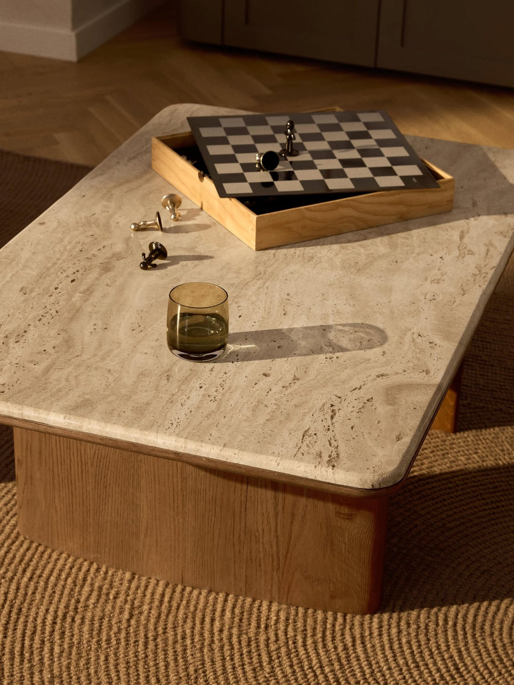 Chandler Coffee Table in Oak with Travertine Top