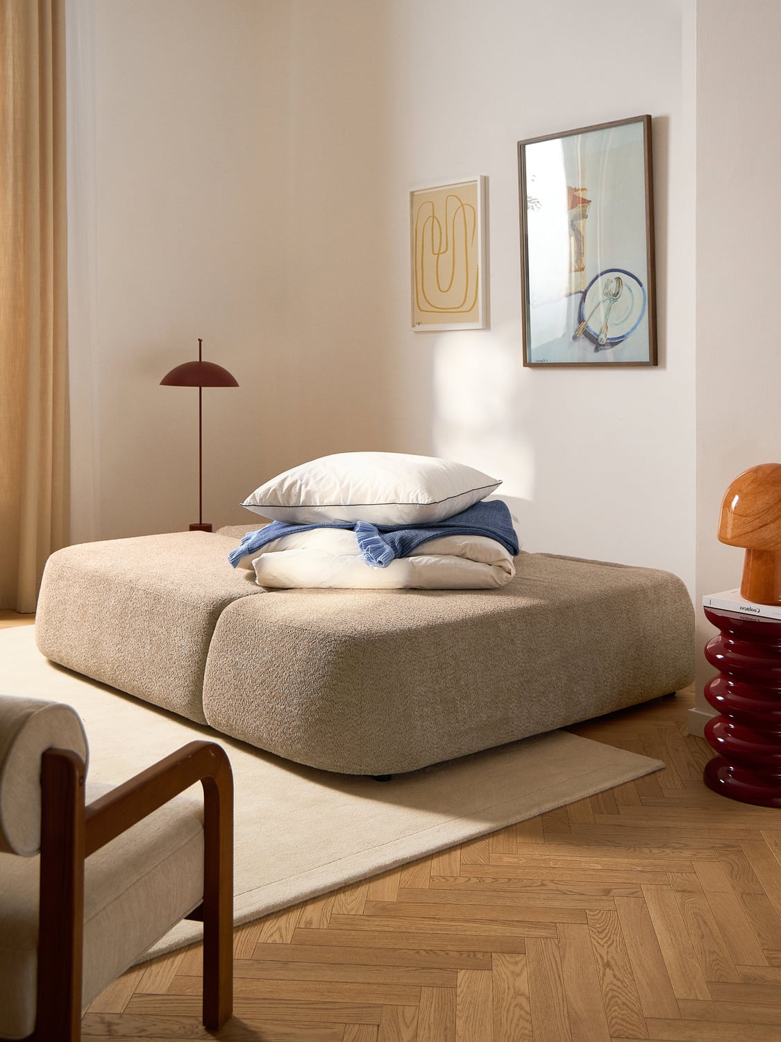 Pao Sofa Bed in Teddy Bouclé with Storage — Sage