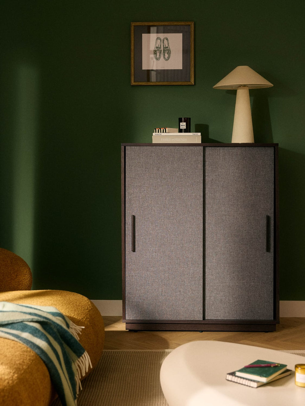 Wisp Wood-Highboard with Upholstered Front — Dark Grey