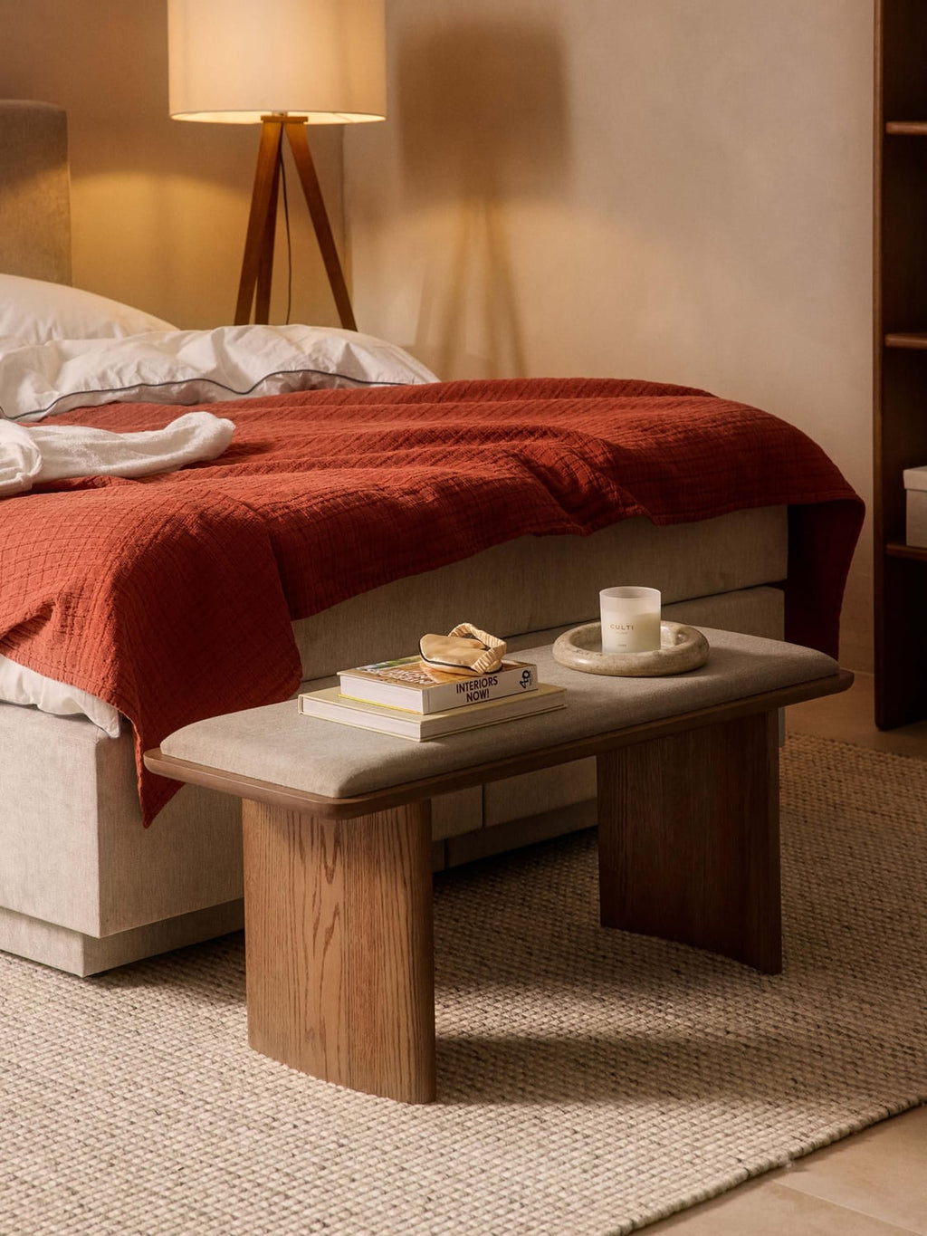 Chandler Upholstered Bench in Oak — Oatmeal
