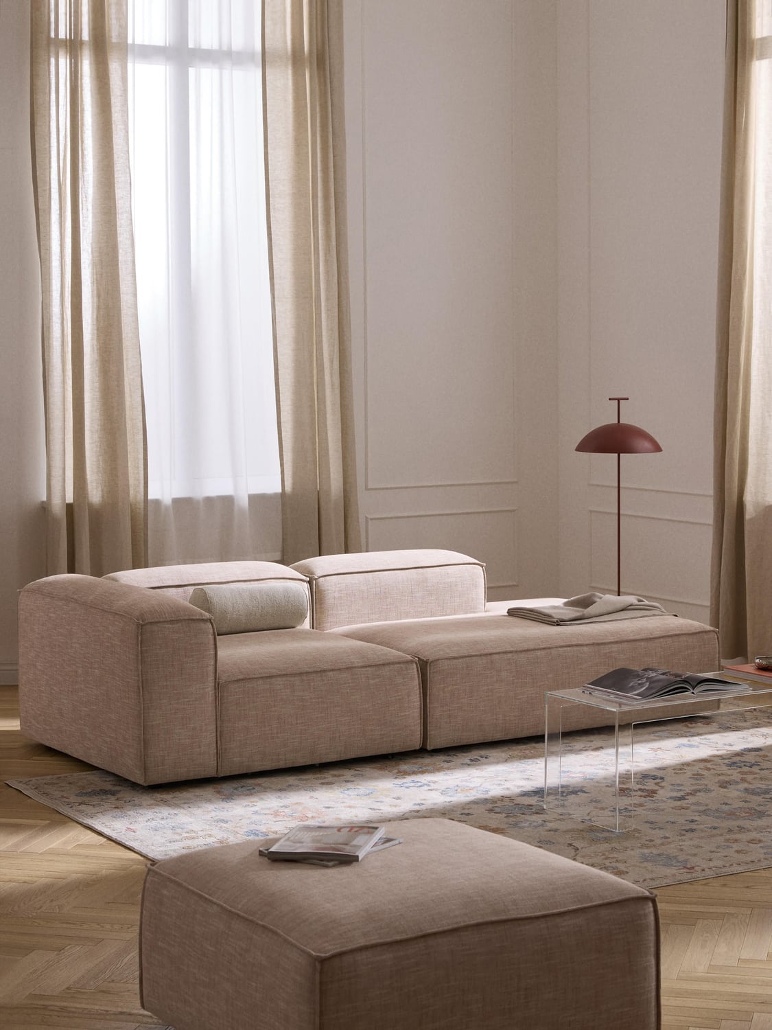 Lennon Modular Ottoman in Linen Blend — Warm Grey