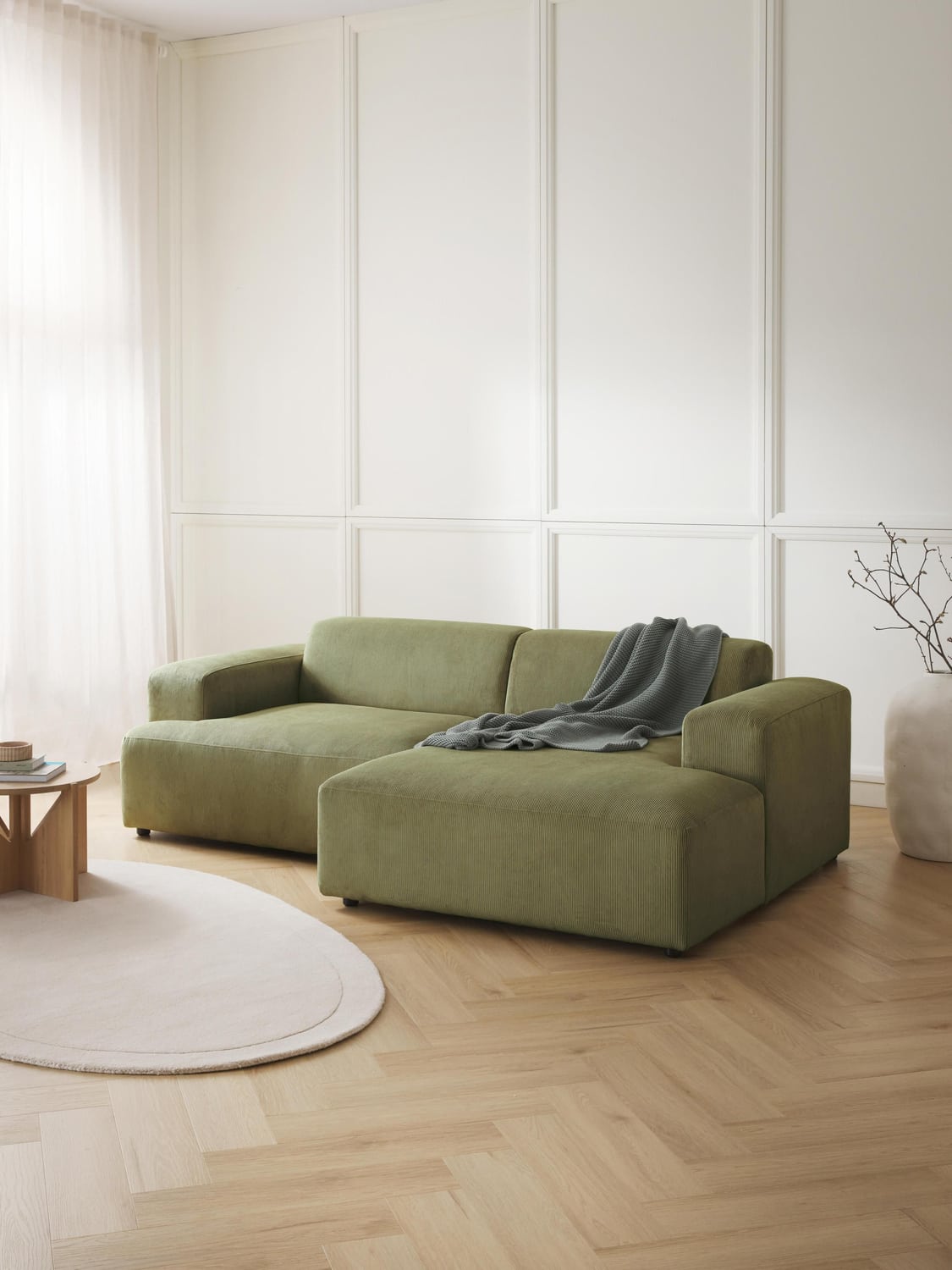 Melva Corduroy Corner Sofa (3-seater) — Olive