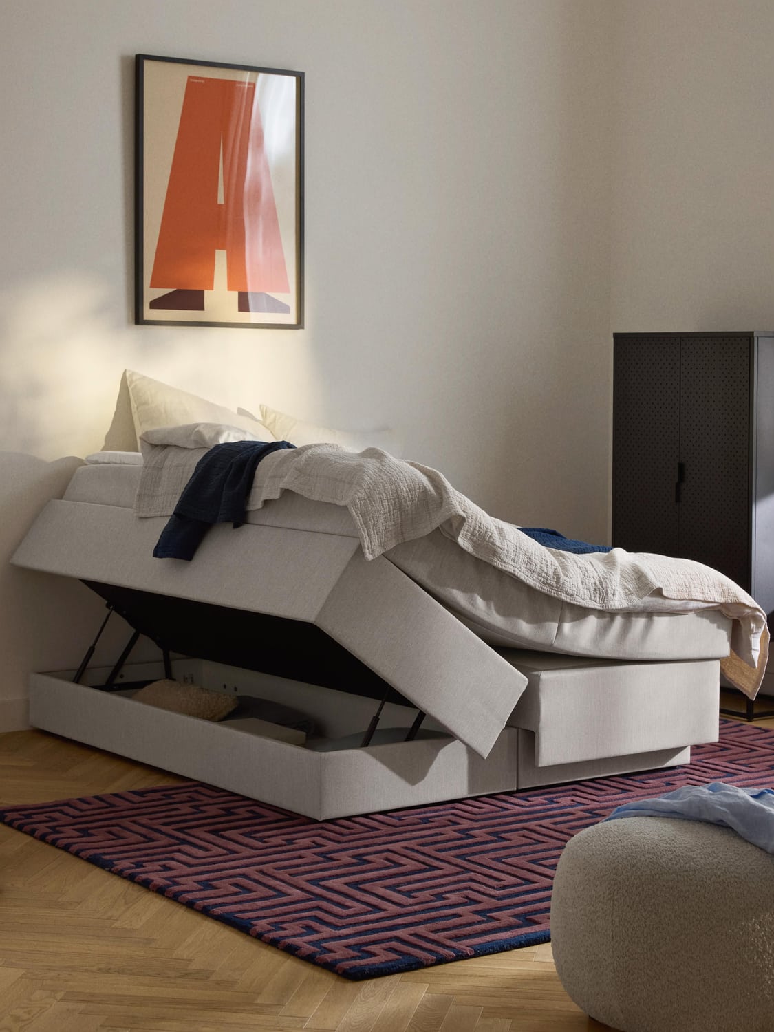 Enya Box-Spring Bed with Storage — Pearl Grey
