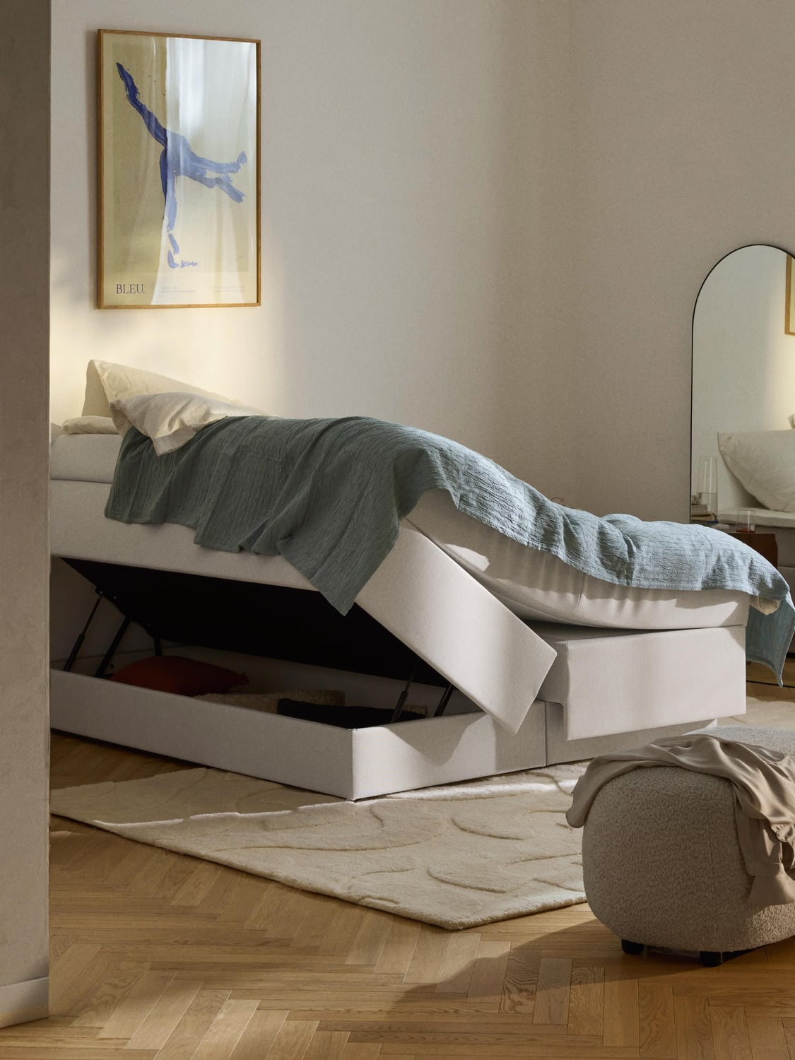 Enya Box-Spring Bed with Storage — Mist Grey