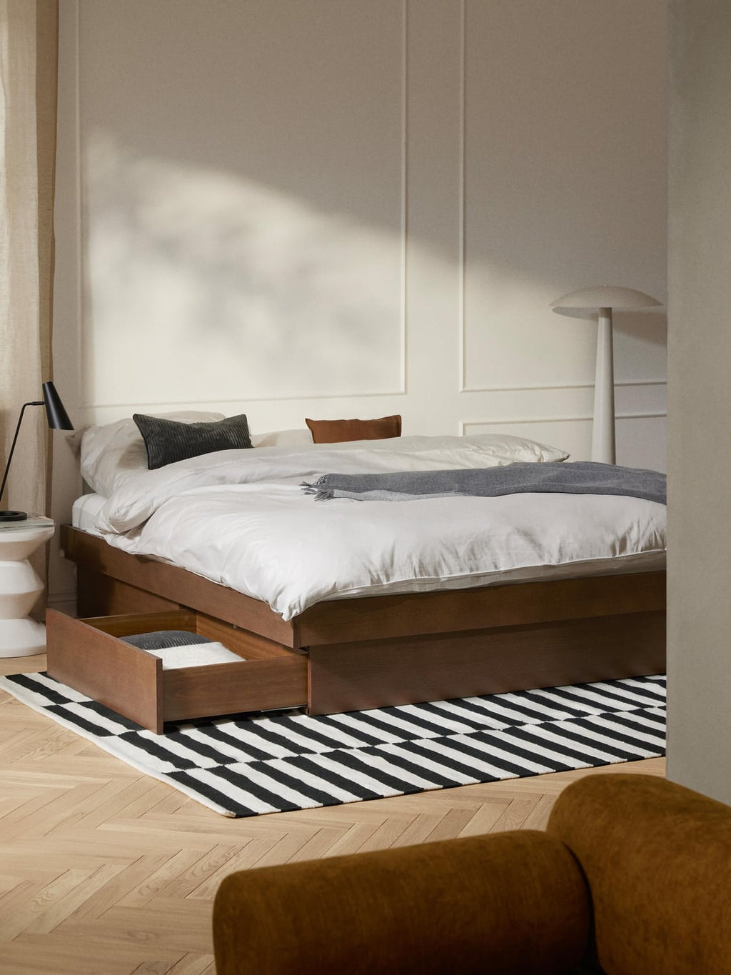 Sato Wooden Bed with Drawers — Warm Grey