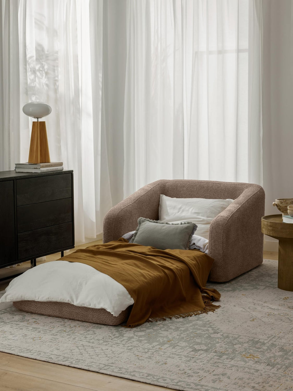 Eliot Sleeper Chair in Teddy Bouclé — Warm Grey