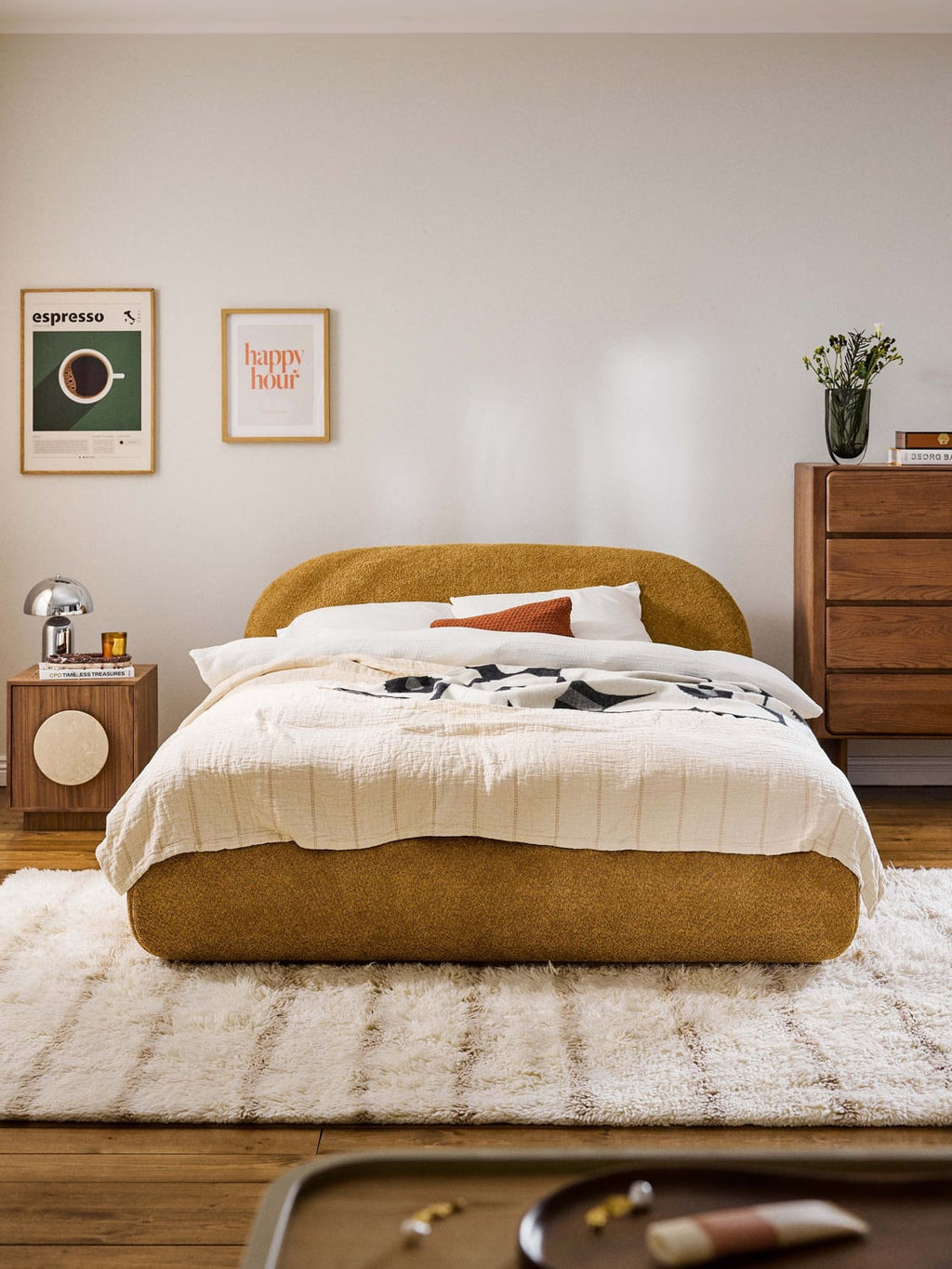 Alba Upholstered Bed in Teddy Bouclé — Warm Grey