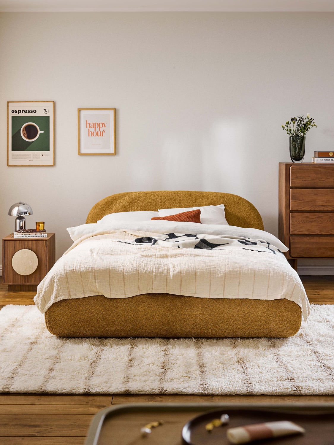 Alba Upholstered Bed in Teddy Bouclé — Warm Grey
