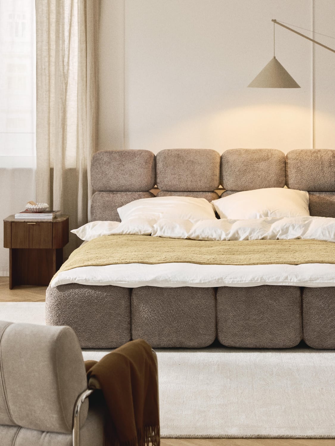 Tayla Upholstered Bed in Teddy Bouclé — Warm Grey