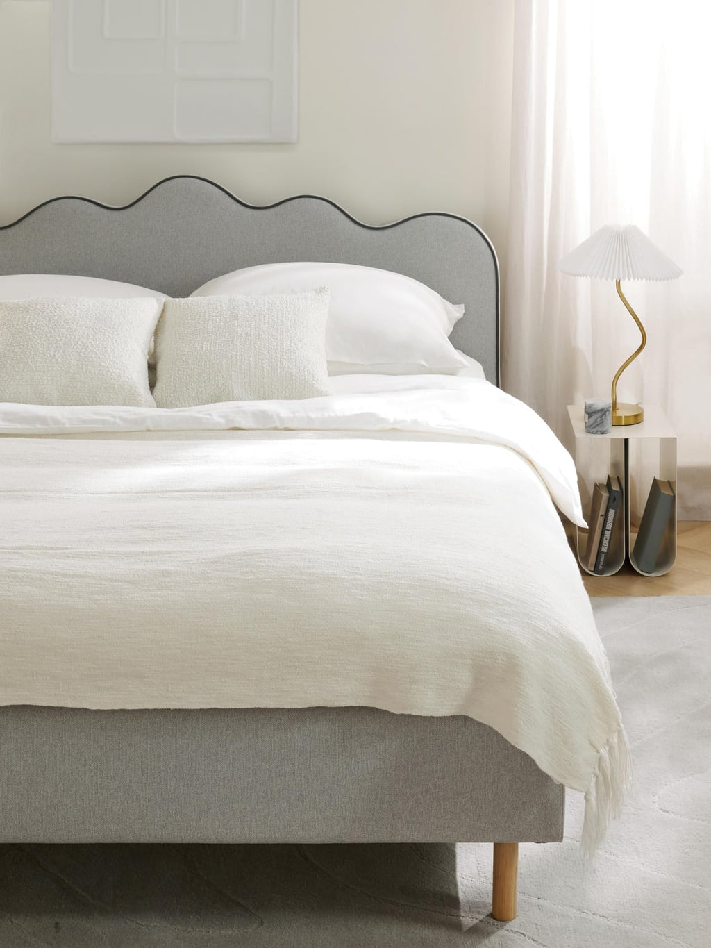 Romy Upholstered Bed with Wavy Headboard — Pearl Grey