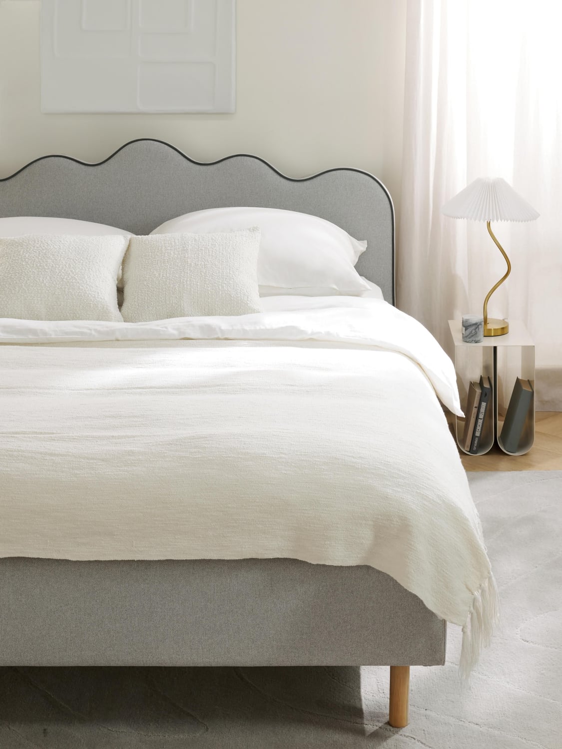 Romy Upholstered Bed with Wavy Headboard — Pearl Grey