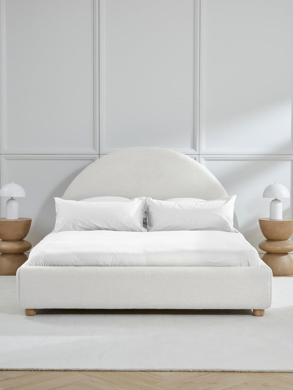 Ebba Teddy-Upholstered Bed with Storage — Off-White