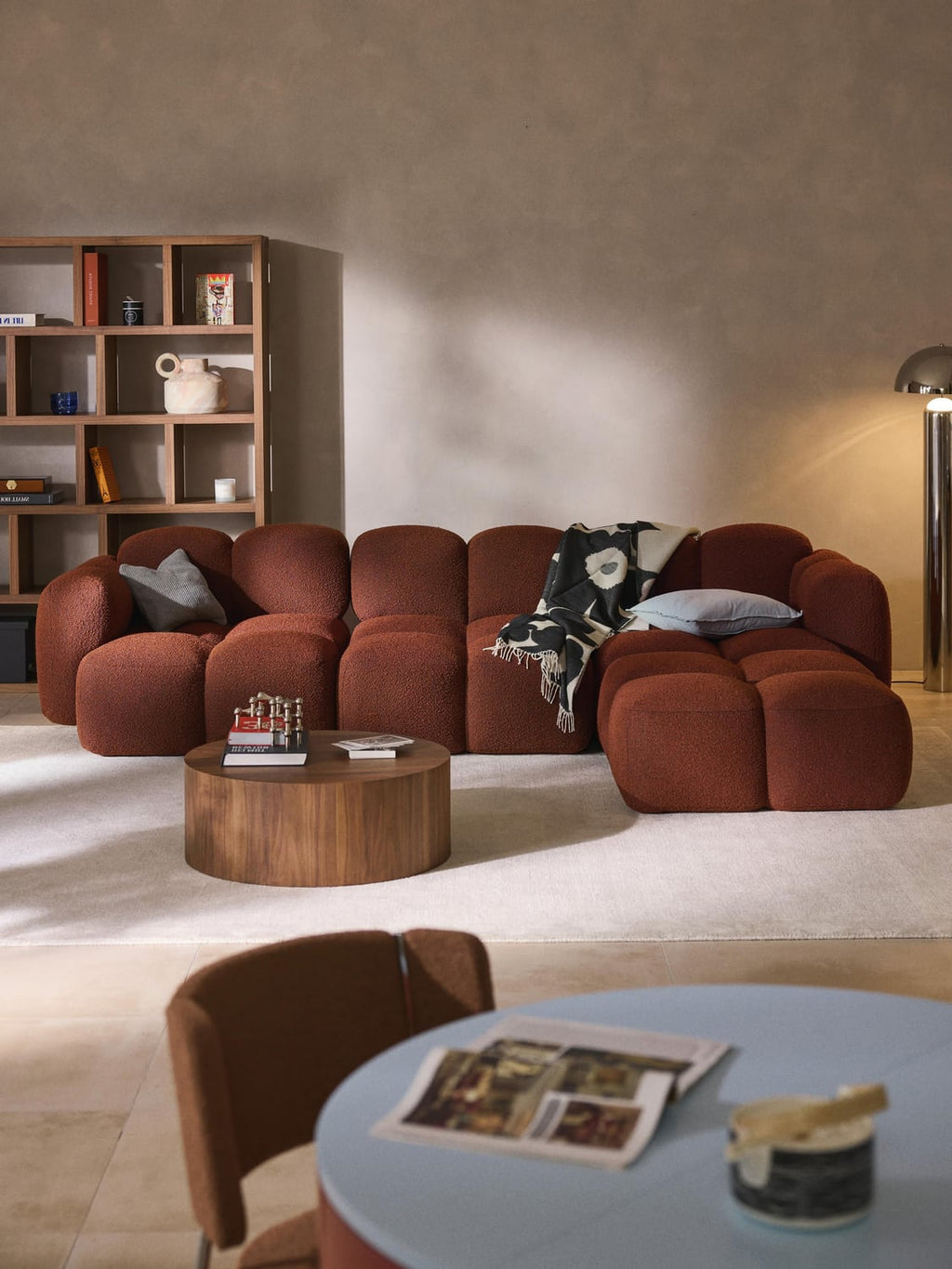 Tayla Modular Sofa (4-seater) in Bouclé with Ottoman (left/right) — Brown