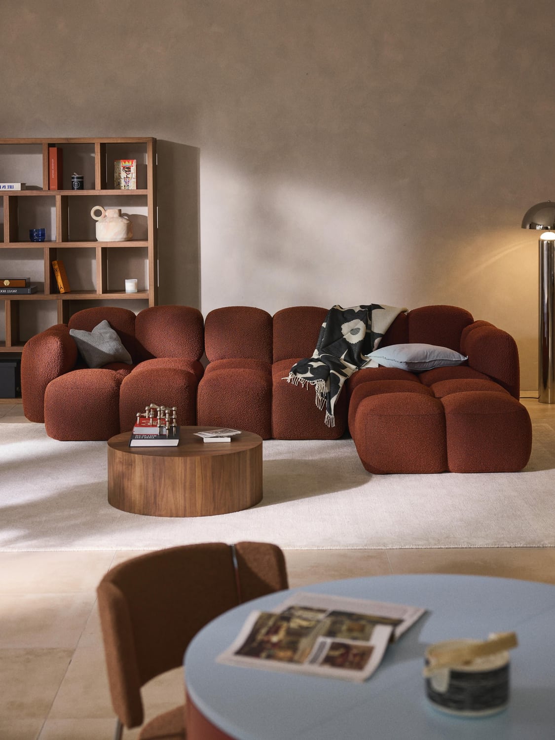 Tayla Modular Sofa (4-seater) in Bouclé with Ottoman (left/right) — Brown
