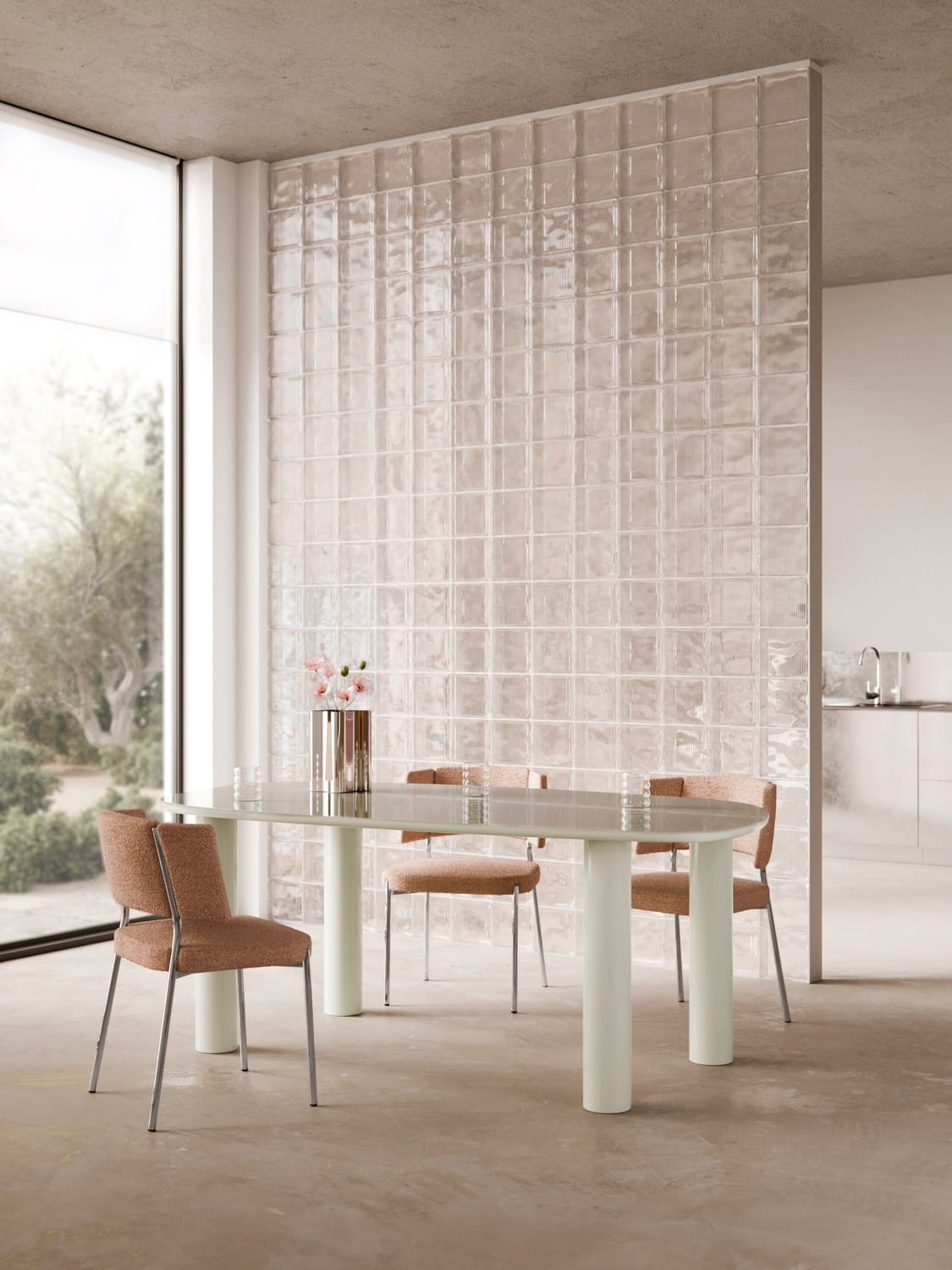 Beni Organic Dining Table with Glass Top, 200 x 110 cm — Light Grey