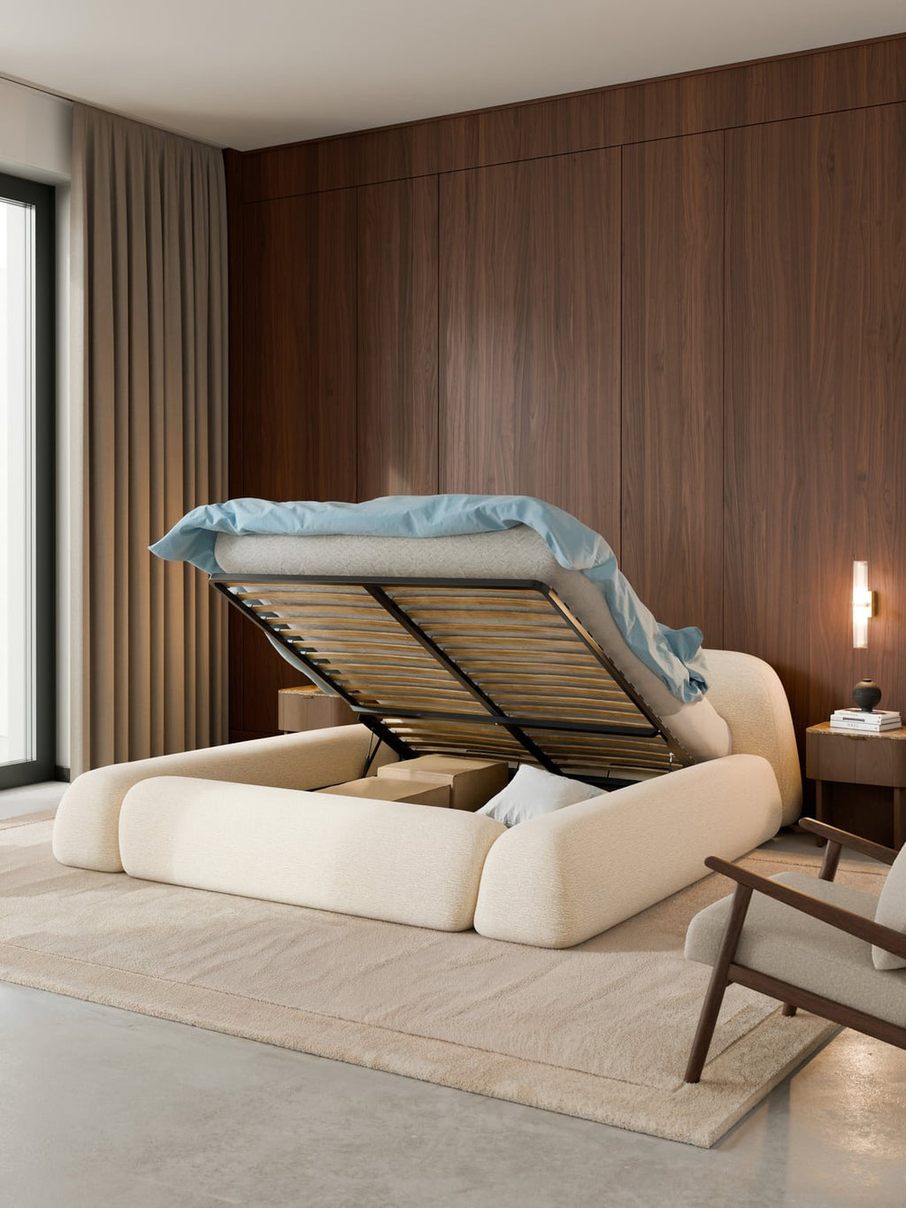 Wolke Upholstered Bed with Storage — Pearl Grey