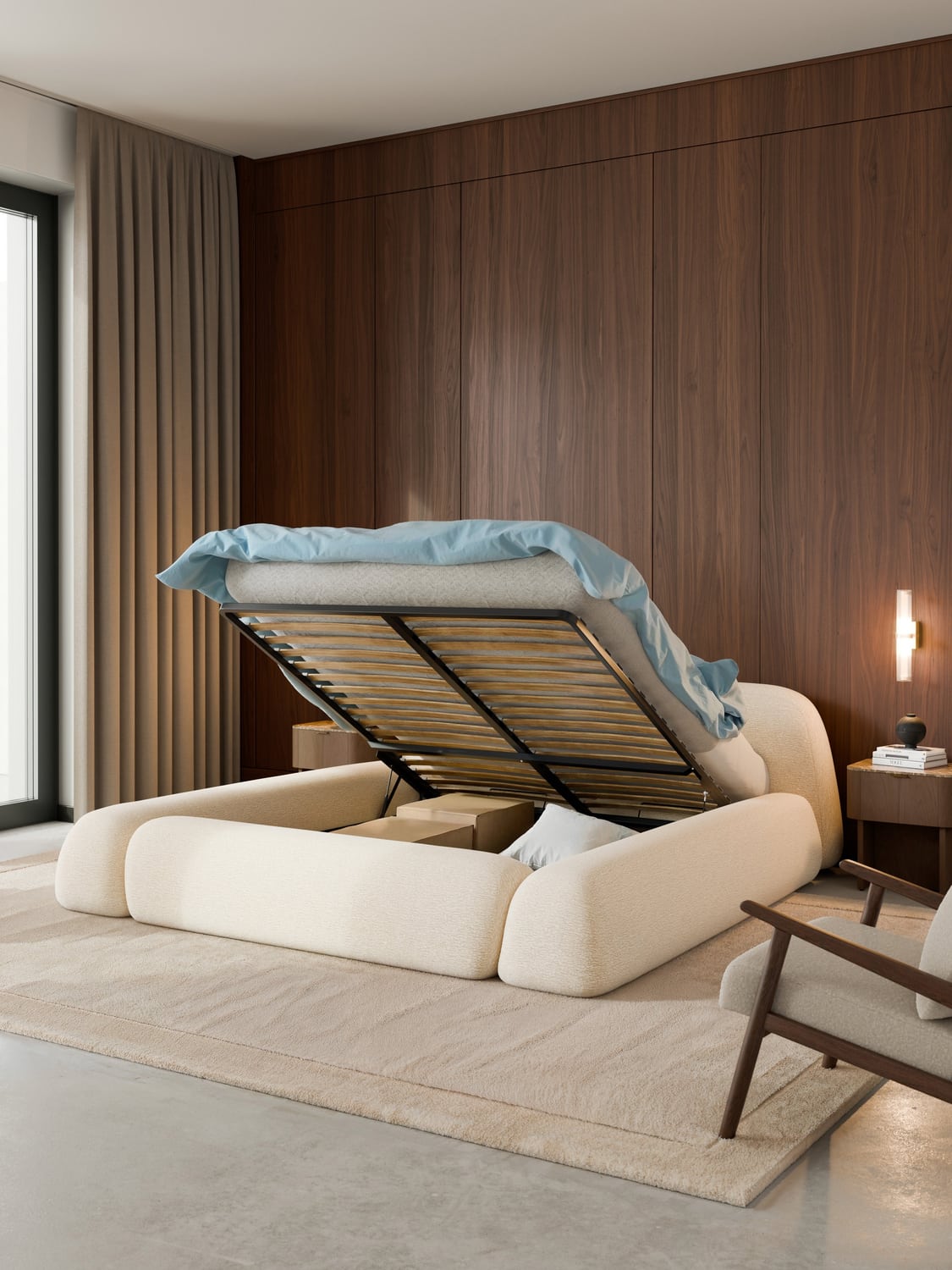 Wolke Upholstered Bed with Storage — Pearl Grey