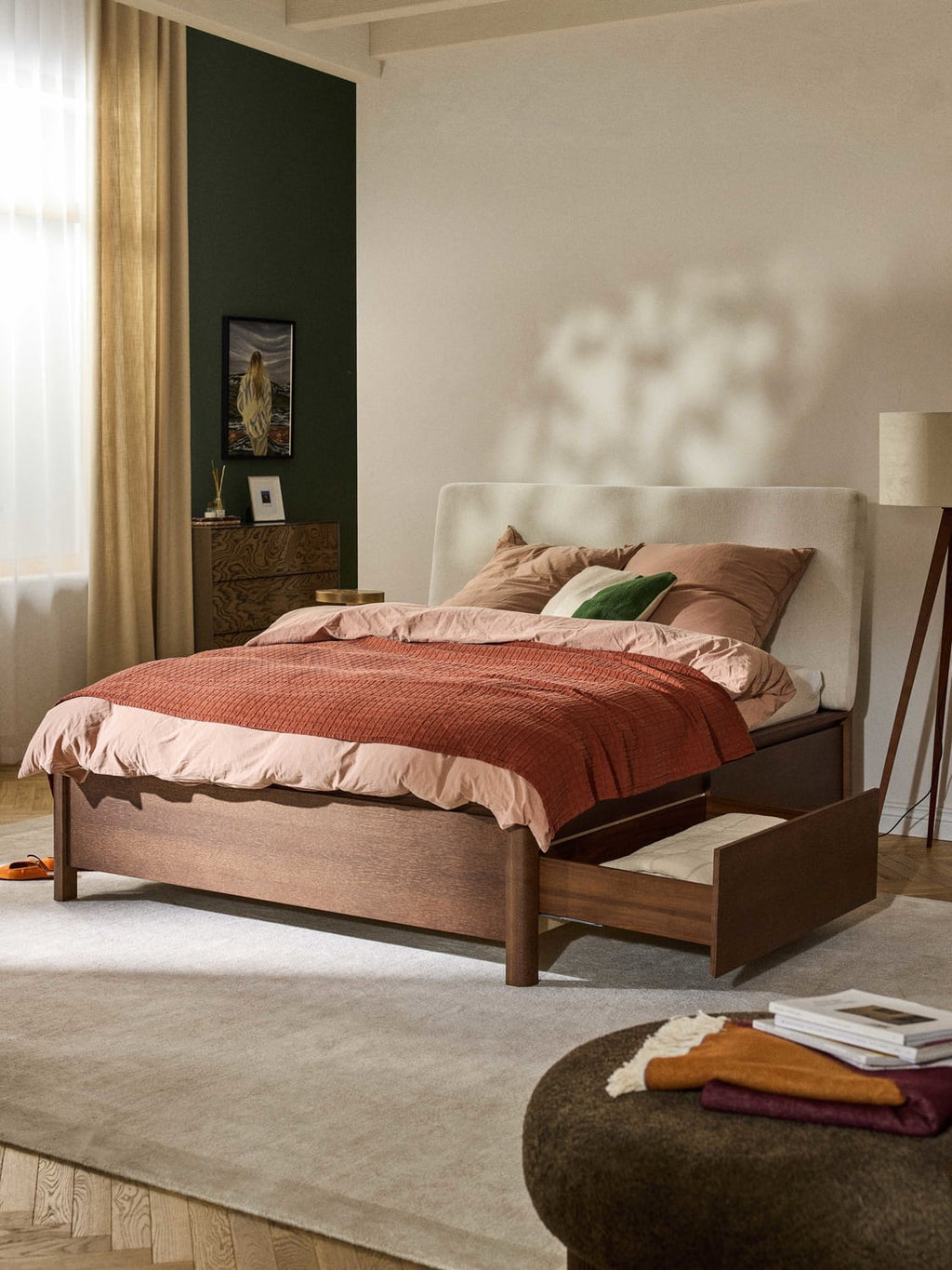Santiago Wooden Bed with Upholstered Headboard and Drawers — Warm Grey