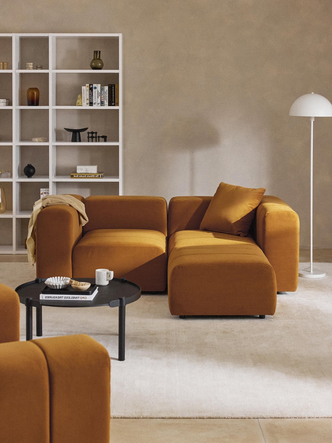 Lena Modular Velvet-Sofa (3-seater) with Ottoman (left/right) — Caramel
