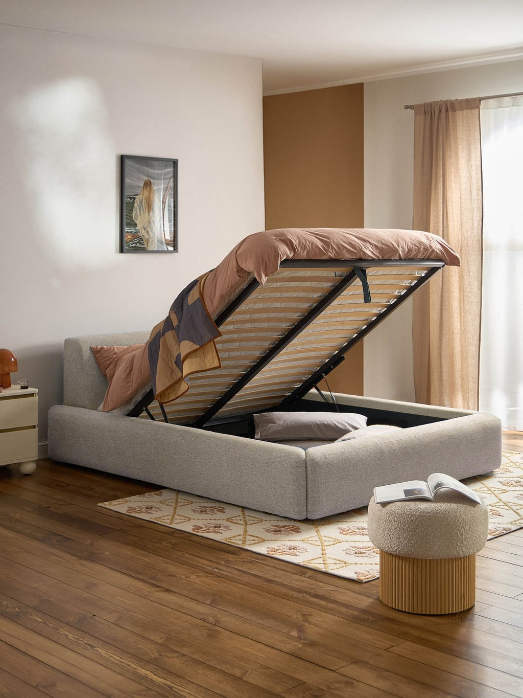Melva Upholstered Bed with Storage — Oatmeal
