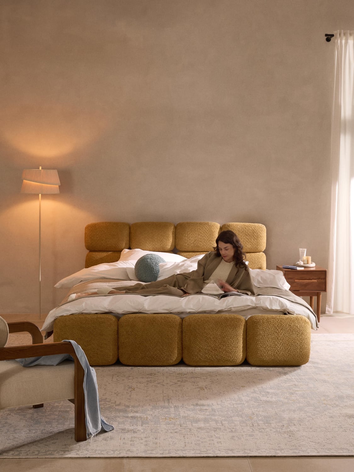 Tayla Upholstered Bed in Teddy Bouclé — Camel