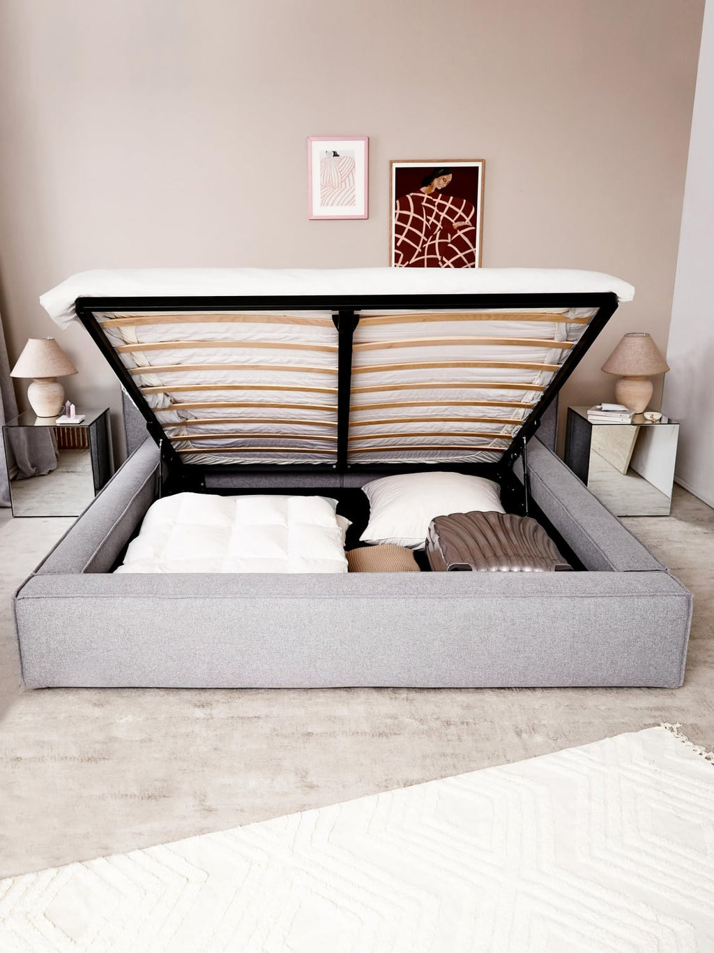 Lennon Upholstered Bed with Storage — Pearl Grey