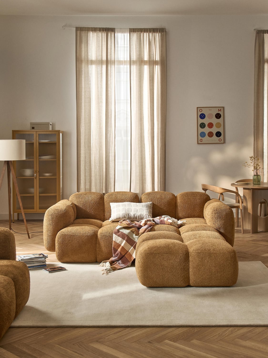 Tayla Modular Sofa (3-seater) in Teddy Bouclé with Ottoman (left/right) — Camel