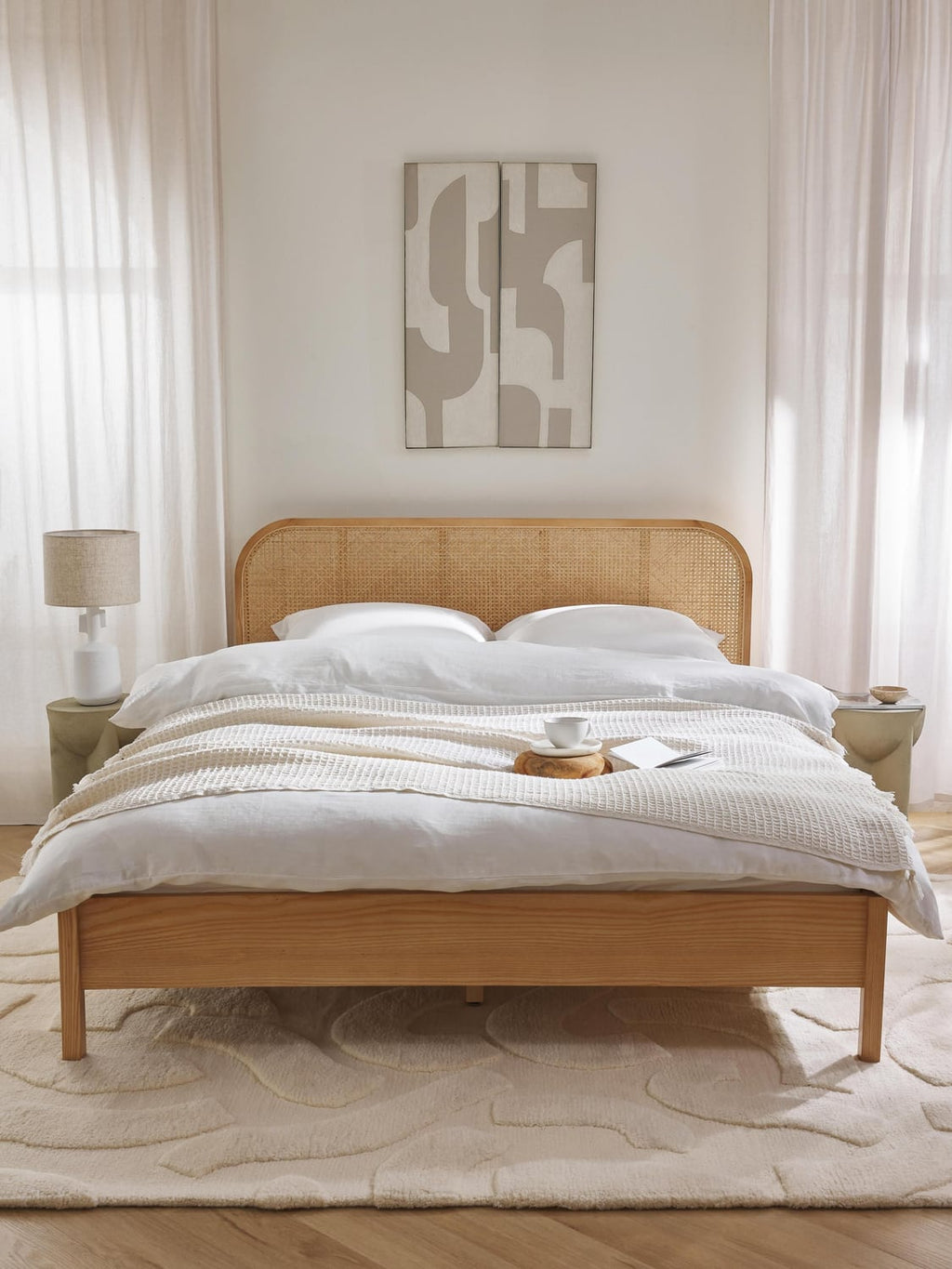 Jones Wooden Bed with Headboard in Viennese Cane — Beige