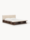Clark Wood-Bed Frame with Bench and Side Shelves — Warm Grey