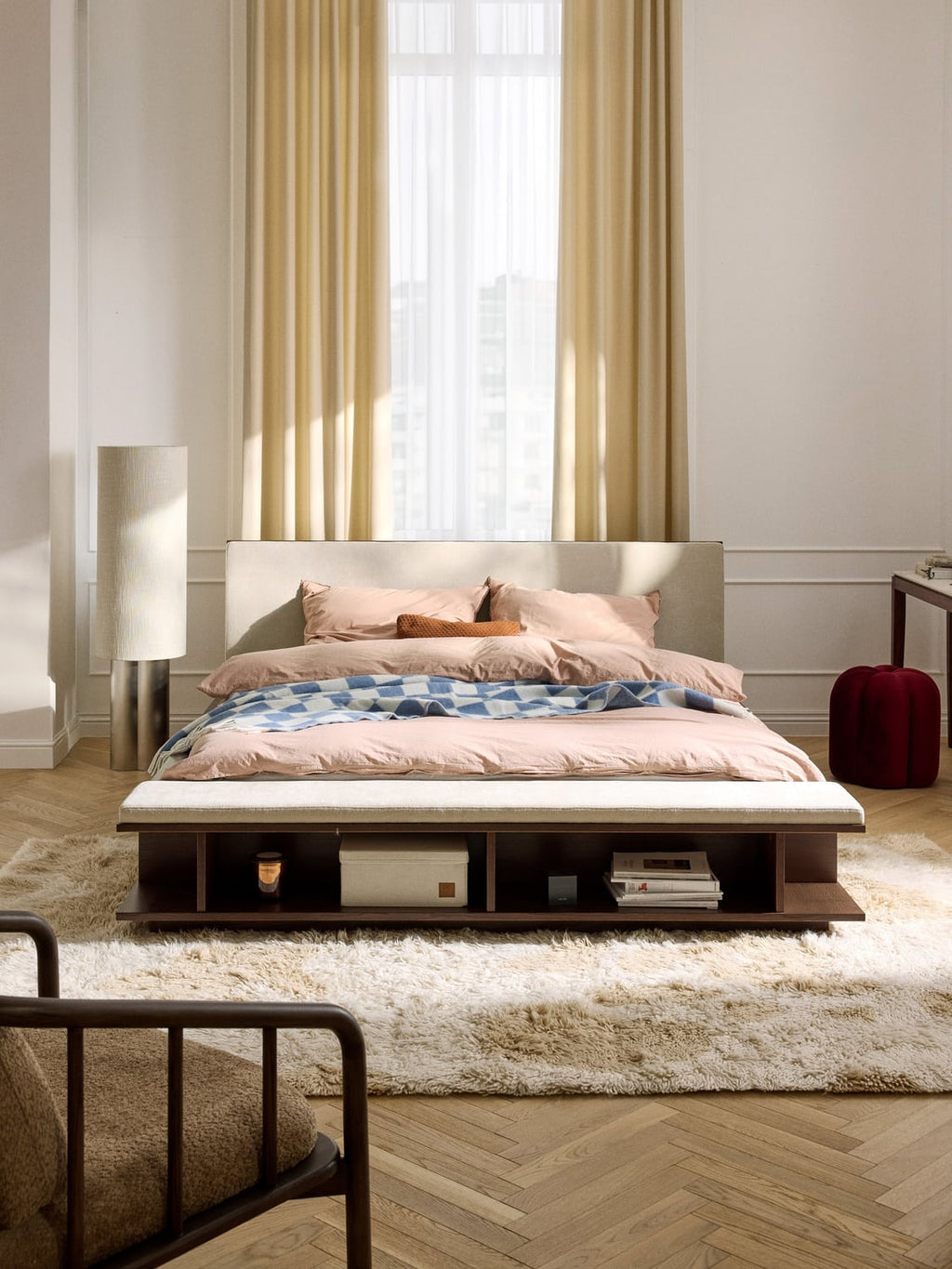 Clark Wood-Bed Frame with Bench and Side Shelves — Warm Grey