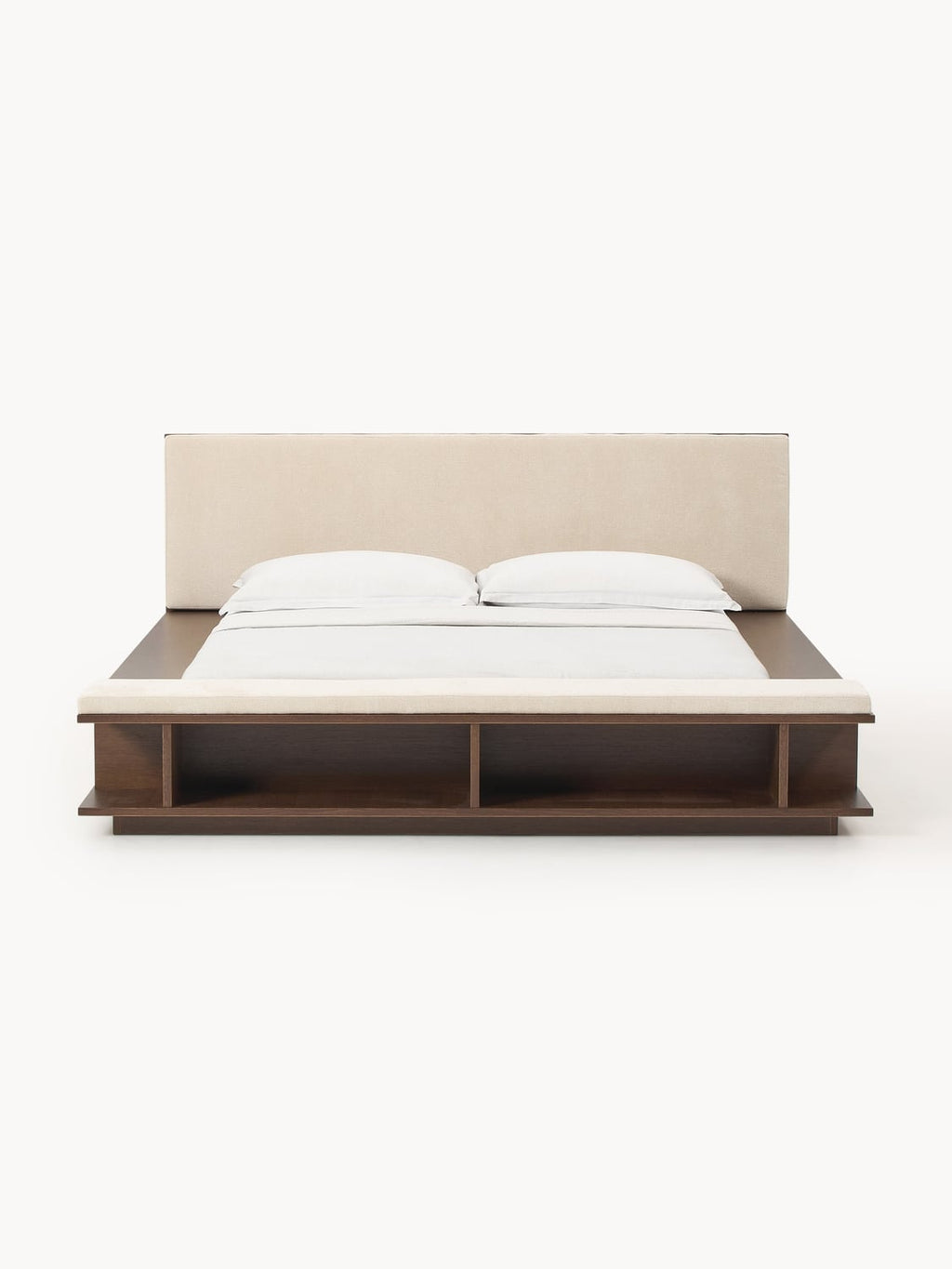 Clark Wood-Bed Frame with Bench and Side Shelves — Warm Grey