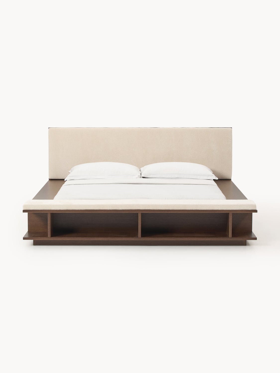 Clark Wood-Bed Frame with Bench and Side Shelves — Warm Grey