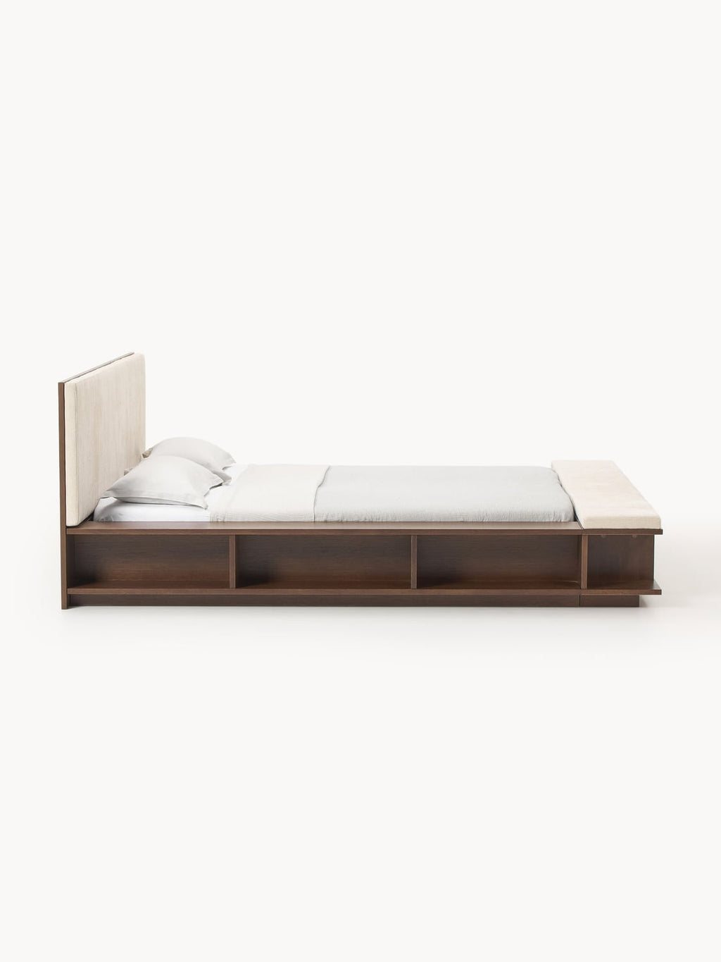 Clark Wood-Bed Frame with Bench and Side Shelves — Warm Grey