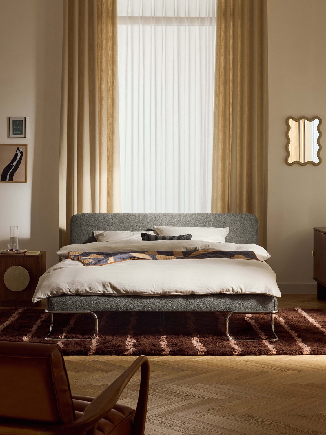 Olina Bouclé Upholstered Bed with Metal Legs — Sand Beige