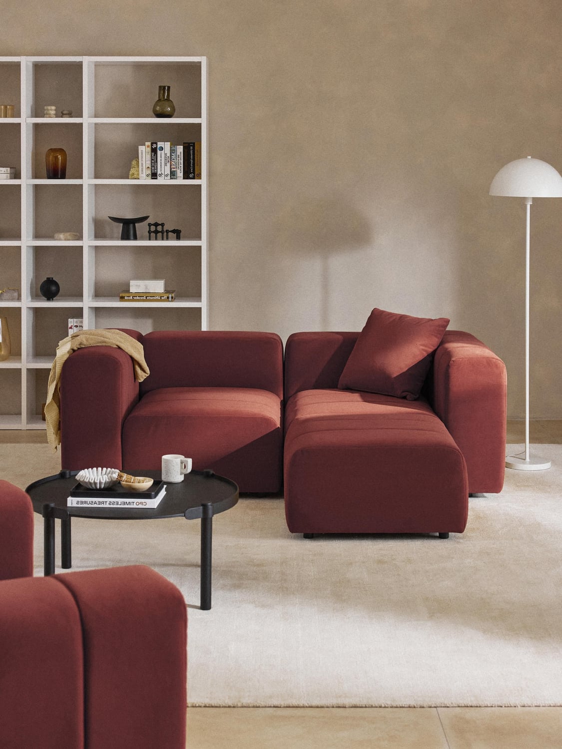 Lena Modular Velvet-Sofa (3-seater) with Ottoman (left/right) — Brown