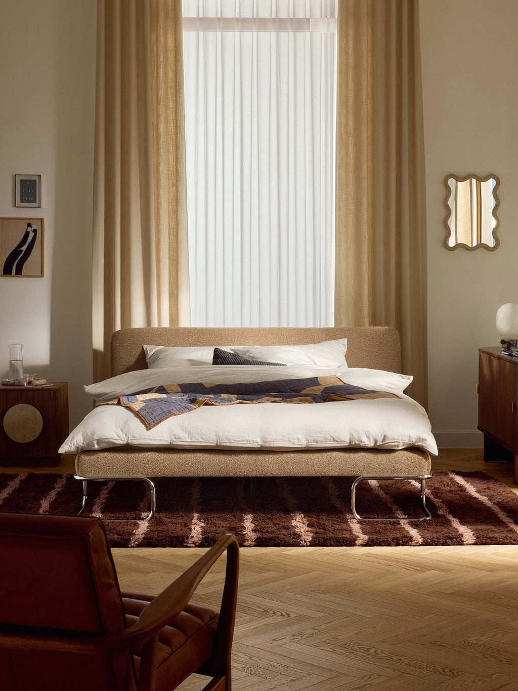 Olina Bouclé Upholstered Bed with Metal Legs — Oatmeal