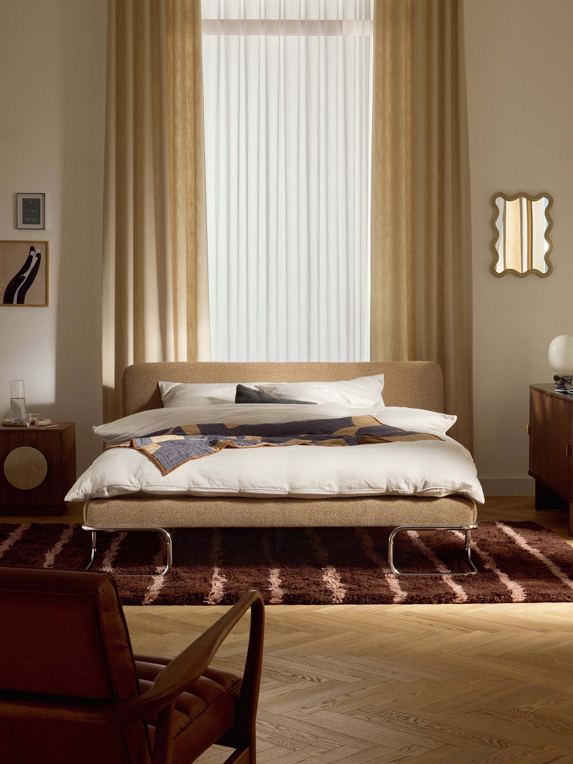 Olina Bouclé Upholstered Bed with Metal Legs — Oatmeal