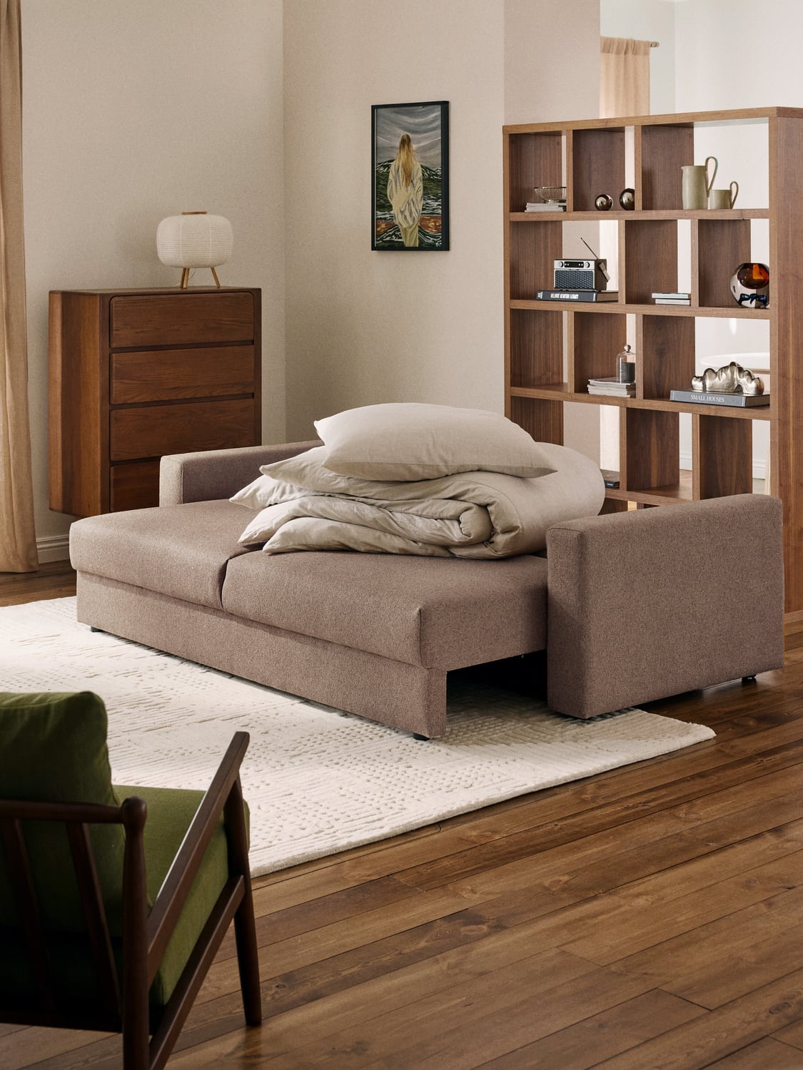 Tasha Bouclé-Sofa Bed (3-seater) with Storage — Taupe