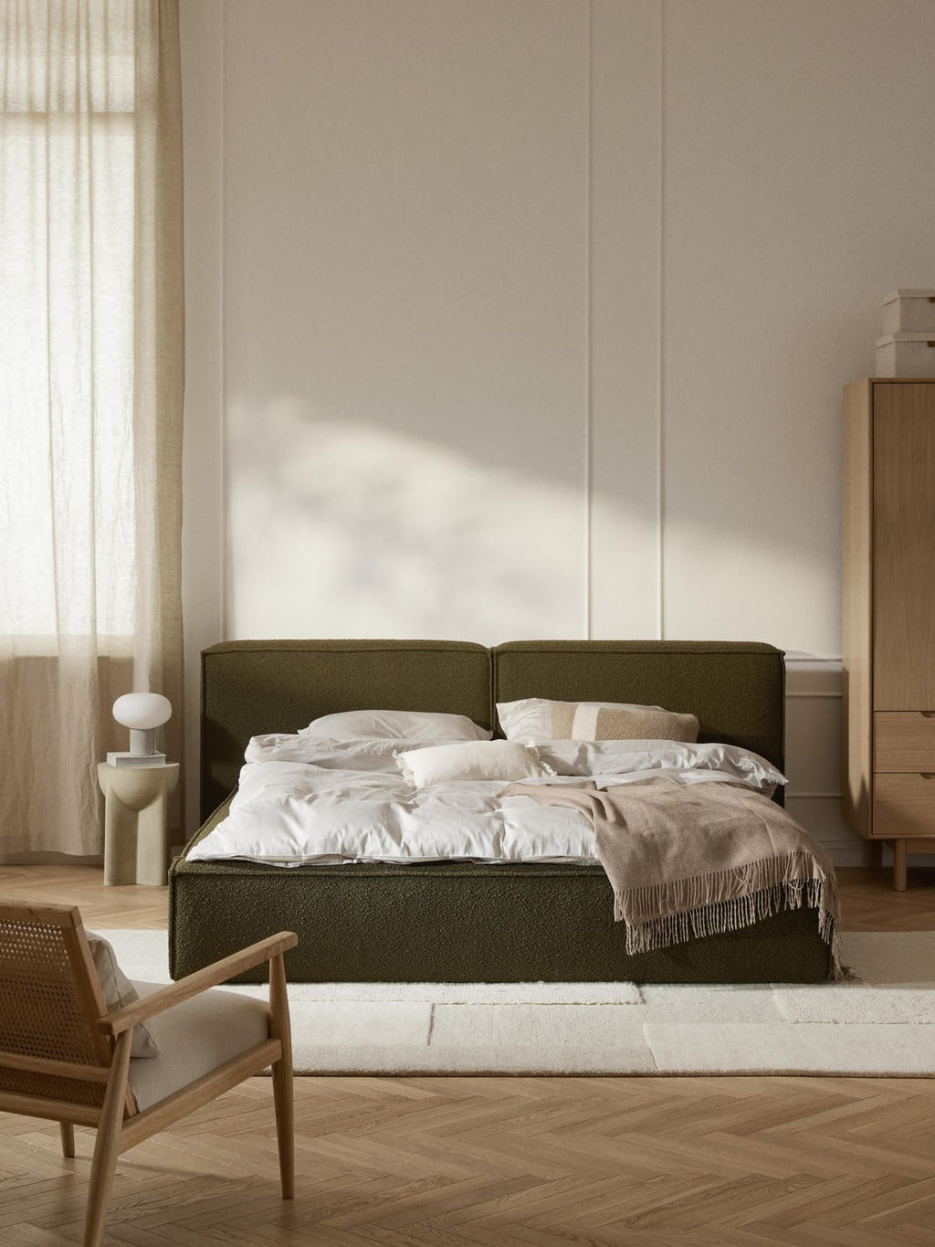 Lennon Bouclé Upholstered Bed with Storage — Olive