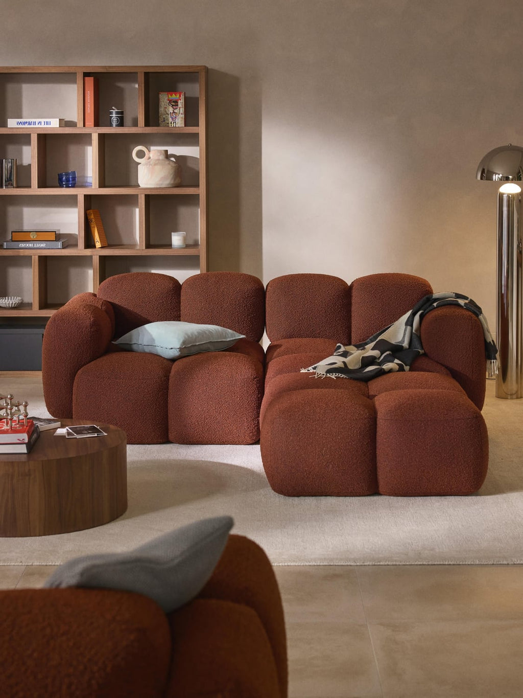 Tayla Modular Sofa (3-seater) in Bouclé with Ottoman (left/right) — Brown